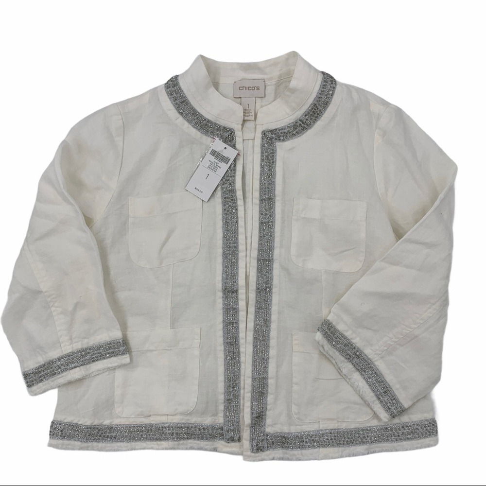 Chico's Metallic Trimmed Linen Jacket, Chico's Size 1 (Women's size 8) NWT